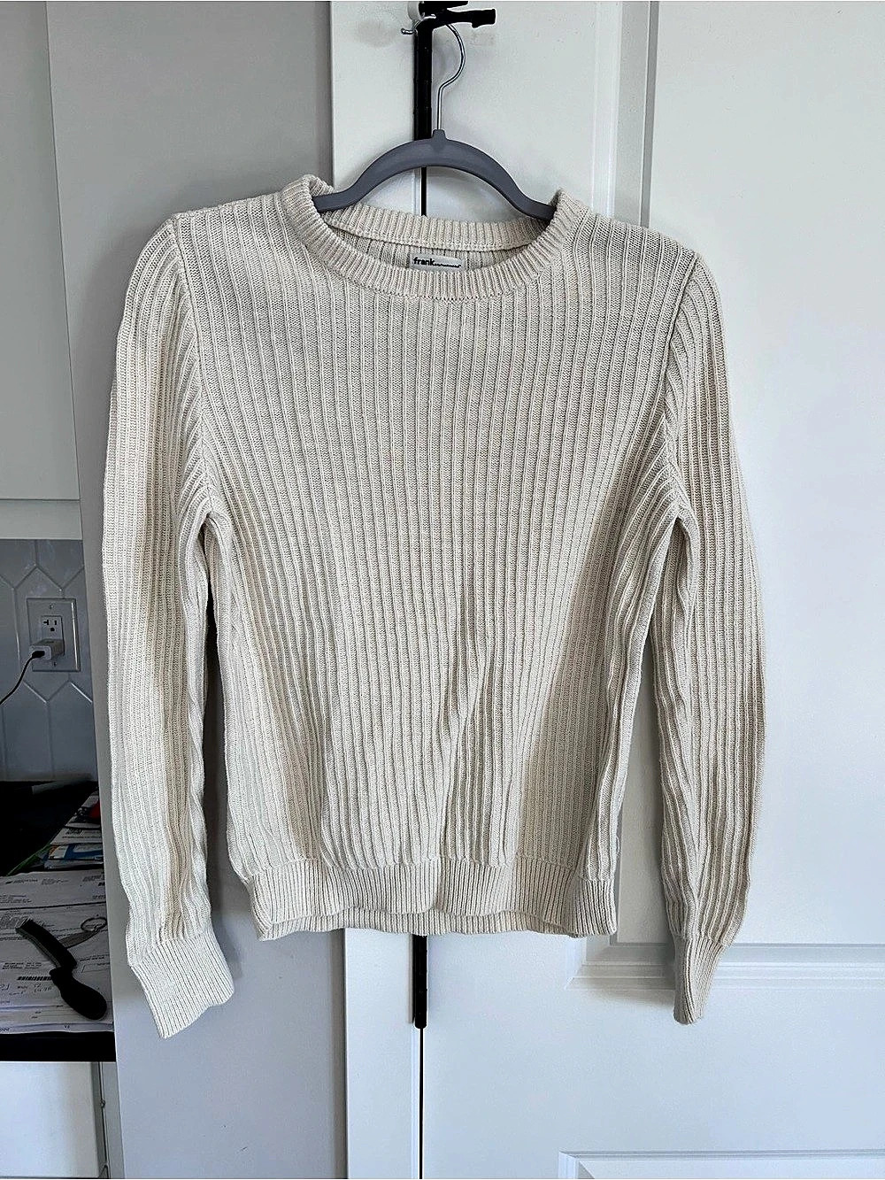 Frank by Frank and Oak White Ribbed Cotton Knit Sweater Minimalist Classic Chic